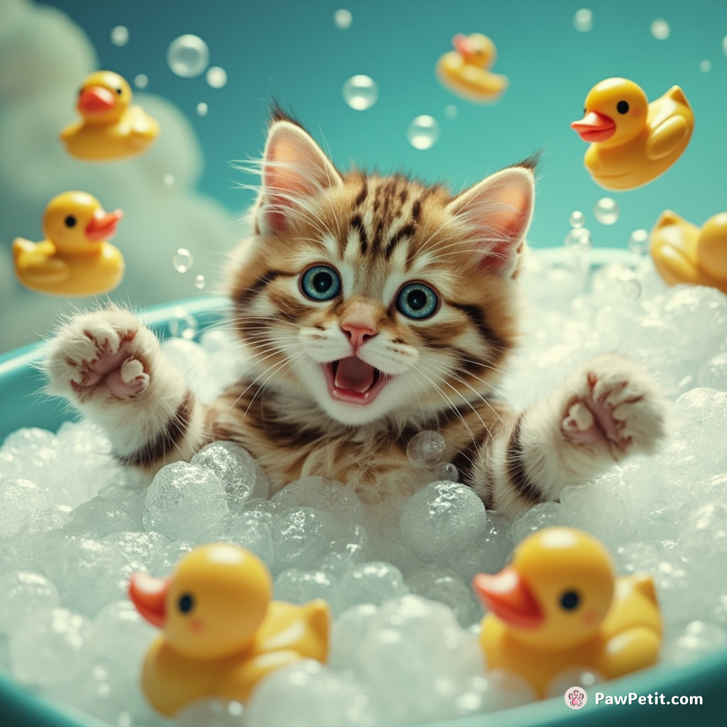 Cat frolicking in zero-gravity bubble bath with rubber duck spaceships.