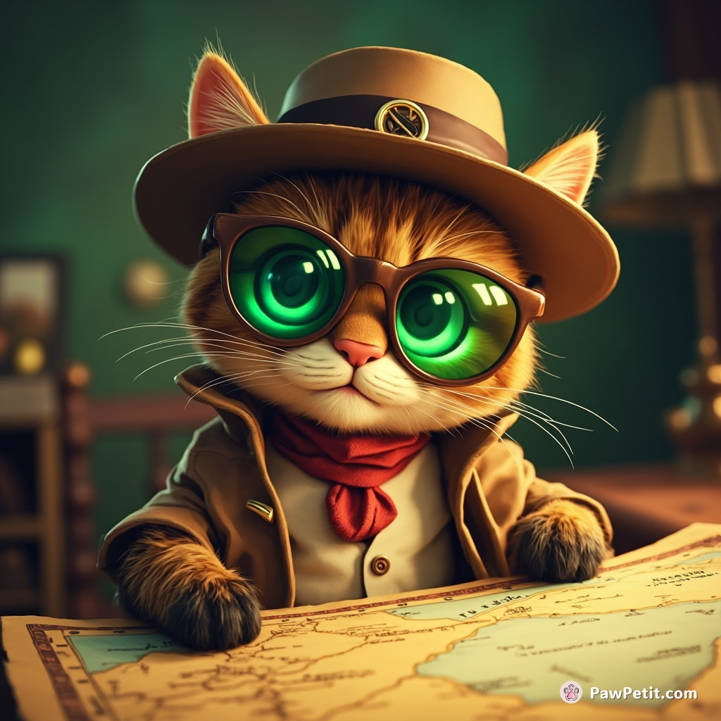 A Victorian style detective cat examining a map of Atlantis through emerald-tinted bifocals.