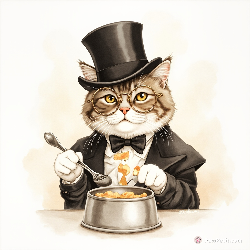 Donning a monocle and top hat, the cat mimics eating with silverware instead of pawing at food in her bowl.