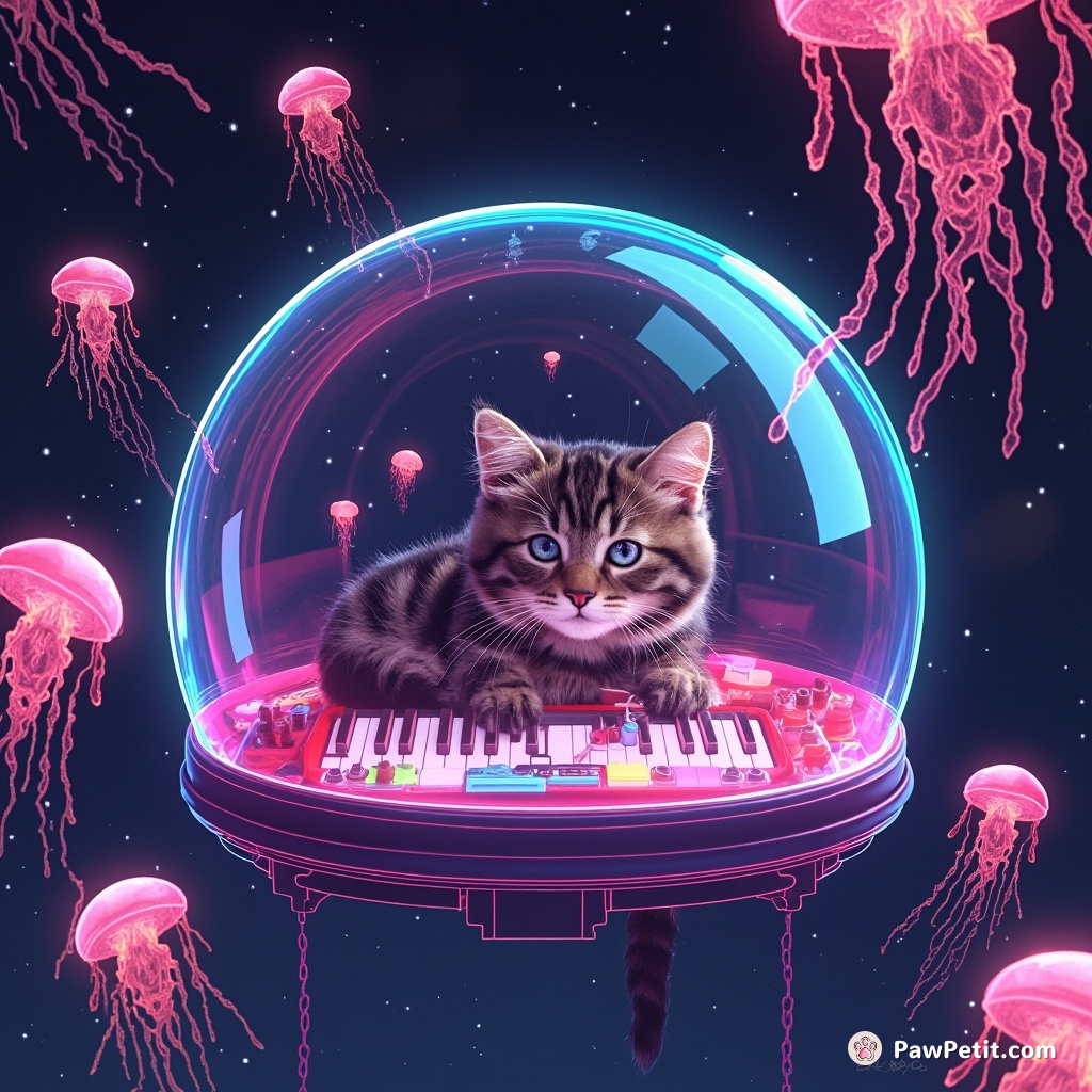 A cat playing a theremin inside a crystal spaceship, surrounded by floating neon jellyfish.
