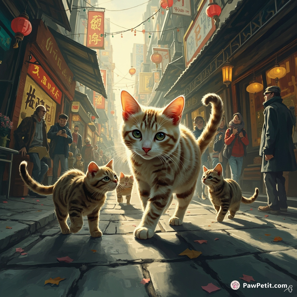 Cats stealthily weave through crowded streets, camouflaging seamlessly with the human hustle and bustle.
