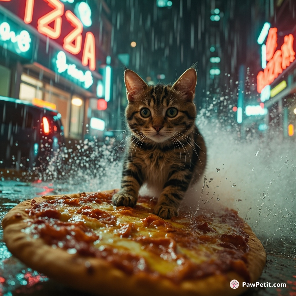Cat windsurfing on a pizza slice under a gravy rain in the Neon City.