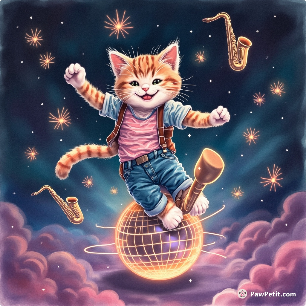 A grinning neon cat breakdancing on a floating disco ball in zero gravity, surrounded by fireflies playing tiny saxophones.