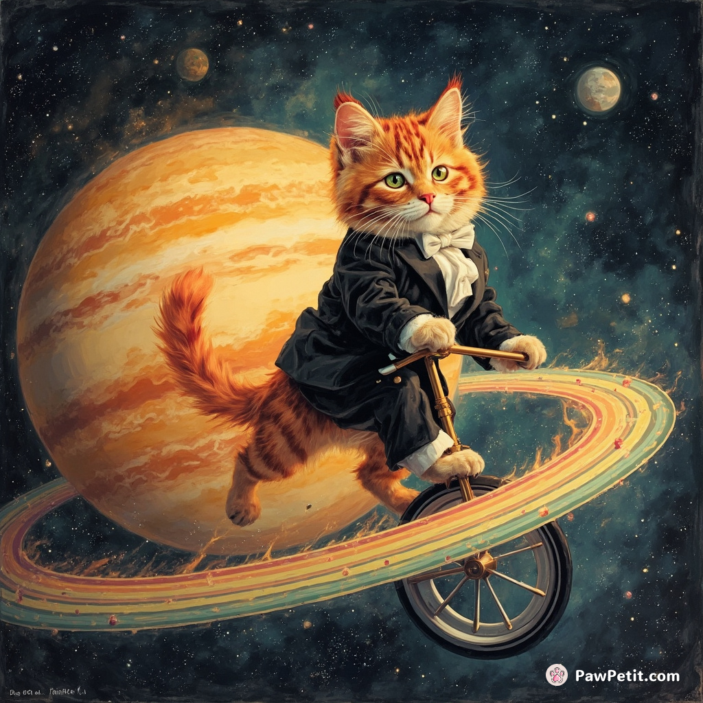 A flaming tuxedo cat balancing on a rainbow-coloured unicycle which circles around the rings of Saturn.