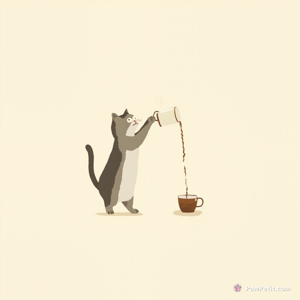 The cat performs elaborate paw shuffling, mimicking a human stirring coffee before gulping imaginary sips.