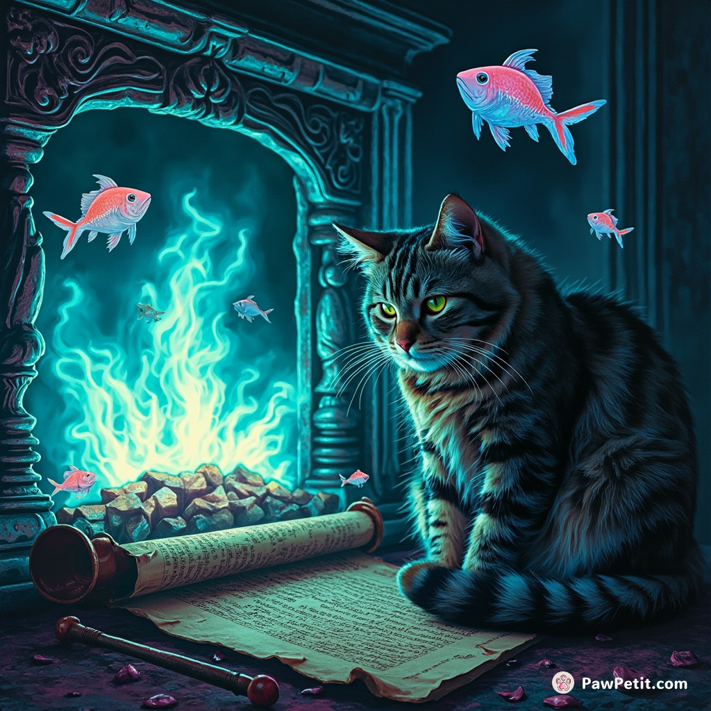 A hunchbacked cat reading an ancient cryptic scroll by the azure fireplace, as various spectral fish float around.