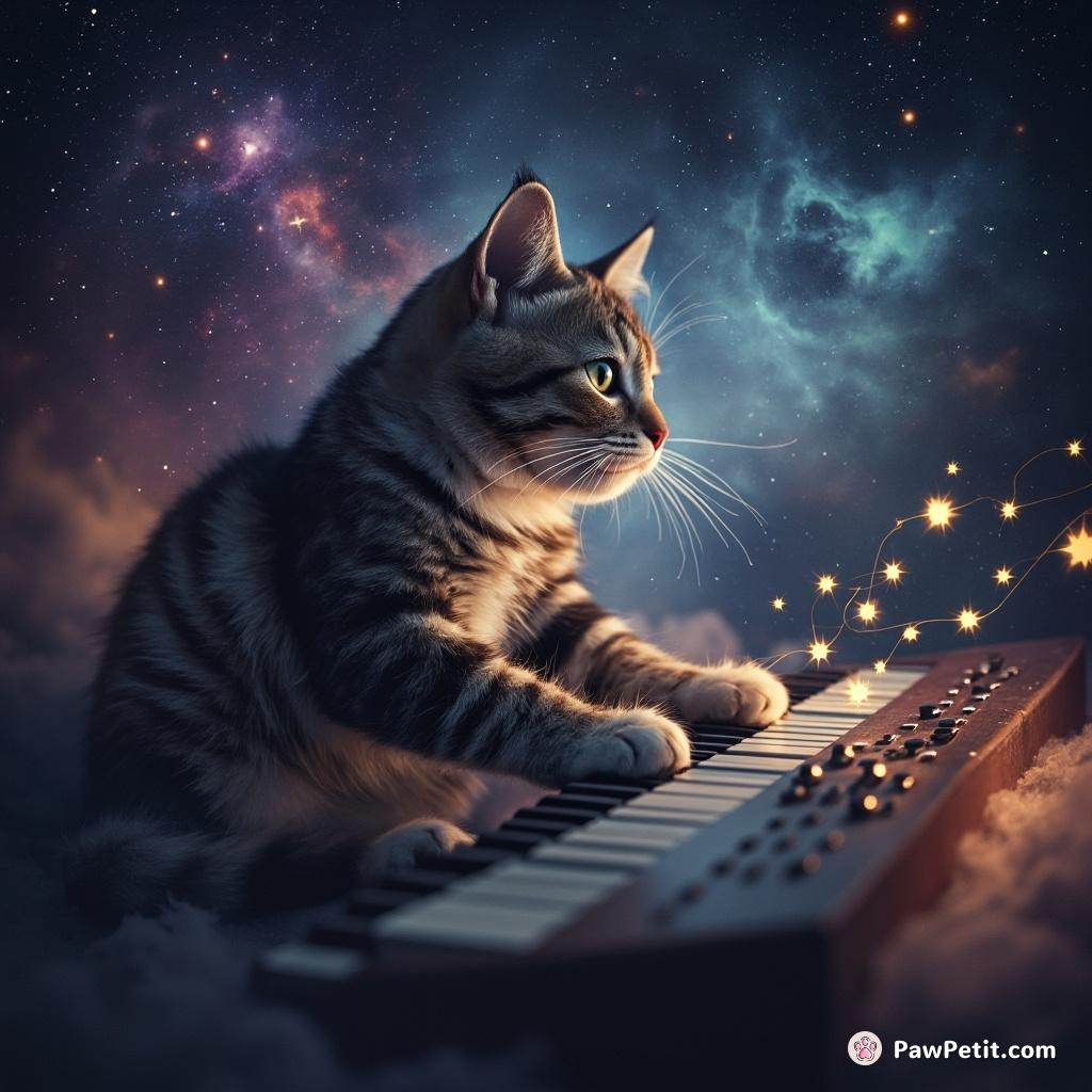 A cosmic cat composing celestial symphonies on a nebula keyboard, using shooting stars as musical notes.