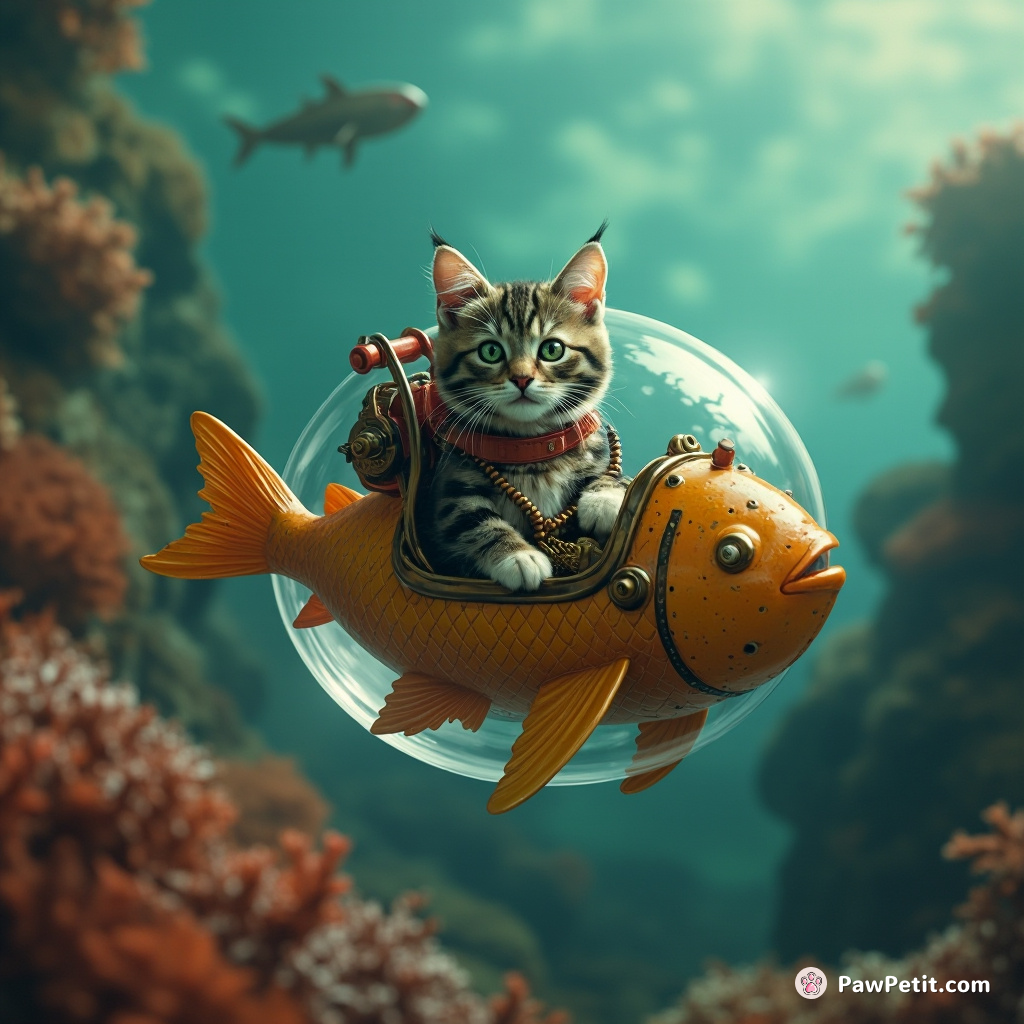 Steampunk cat piloting a flying fish-shaped submarine in a coral-infused bubble.