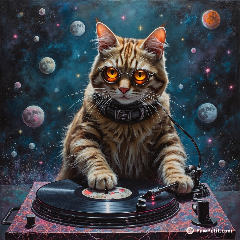 Cyberpunk cat DJ spinning vinyl records made of dream threads on a moon-particle turntable amidst a cosmic dancefloor.