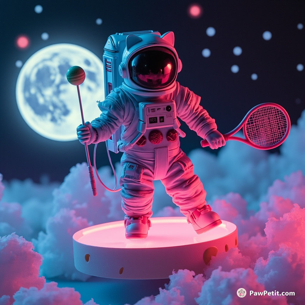 A cat-costumed astronaut playing tennis on a floating cheese moon.