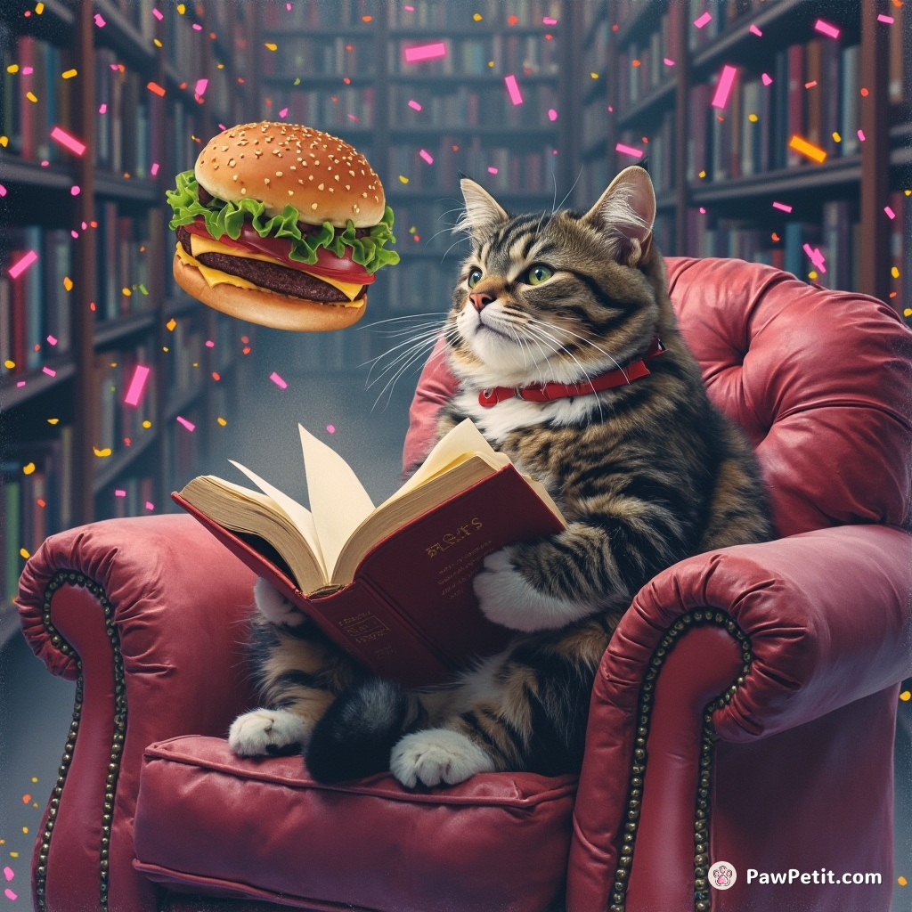 A couch-sized, literary cat ravenously reading a levitating hamburger book amidst neon confetti rain in a zero-gravity cyber library.