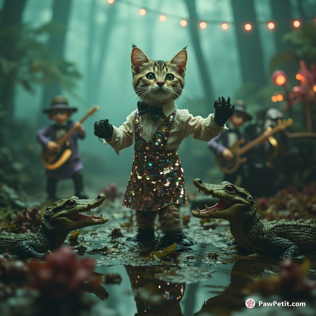 A tango-dancing cat in a sequin dress, surrounded by miniature gator jazz musicians in an ethereal misty swamp.