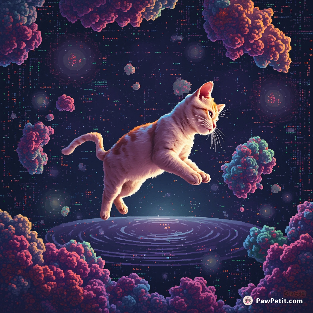 In a digital realm, a feline leaps between floating code fractals, creating shimmering digital ripples with each graceful bound.