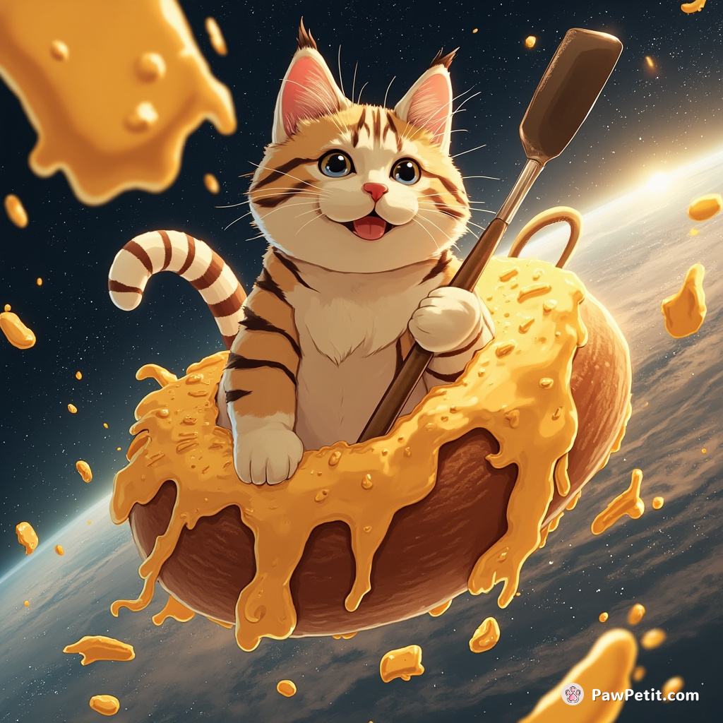 A giant tabby cat flinging molten cheese with a slotted spatula on a garlic bun meteor in outer space.
