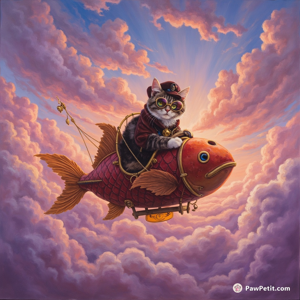 A steampunk cat piloting a fish-shaped airship traversing through mauve candy floss clouds during twilight.