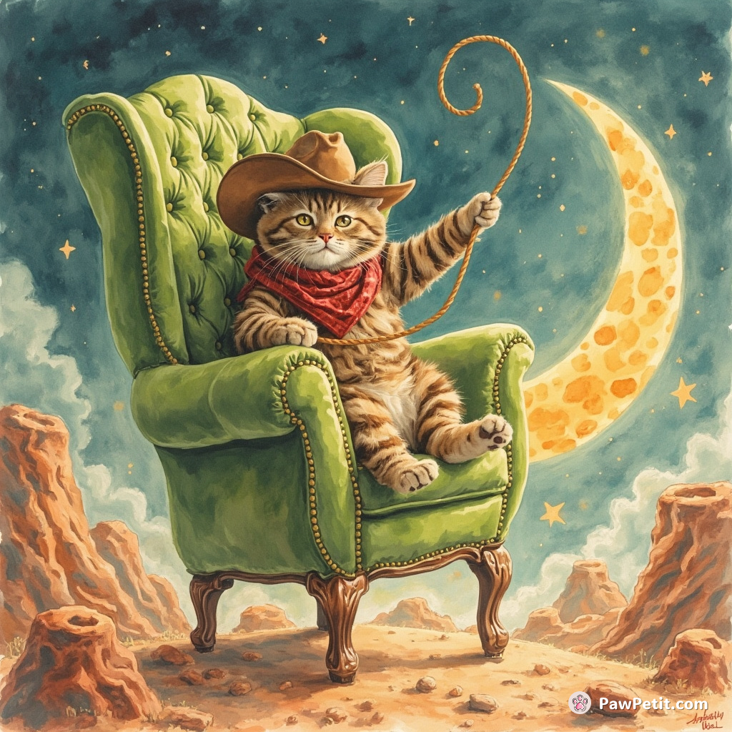 A cat wearing a cowboy hat throwing lasso around Martian rocks on a green cheese moon, while riding a bucking armchair.