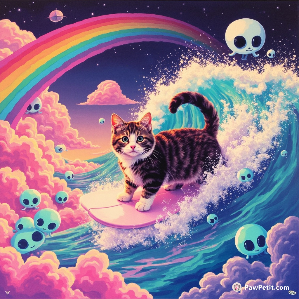 Psychedelic cat surfing a rainbow wave in an alien-infested cotton candy cloud.