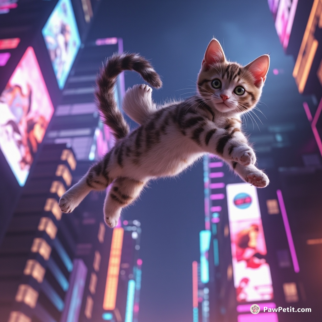 A nimble feline leaps between neon-lit skyscrapers, its tail brushing against holographic billboards in a gravity-defying dance.