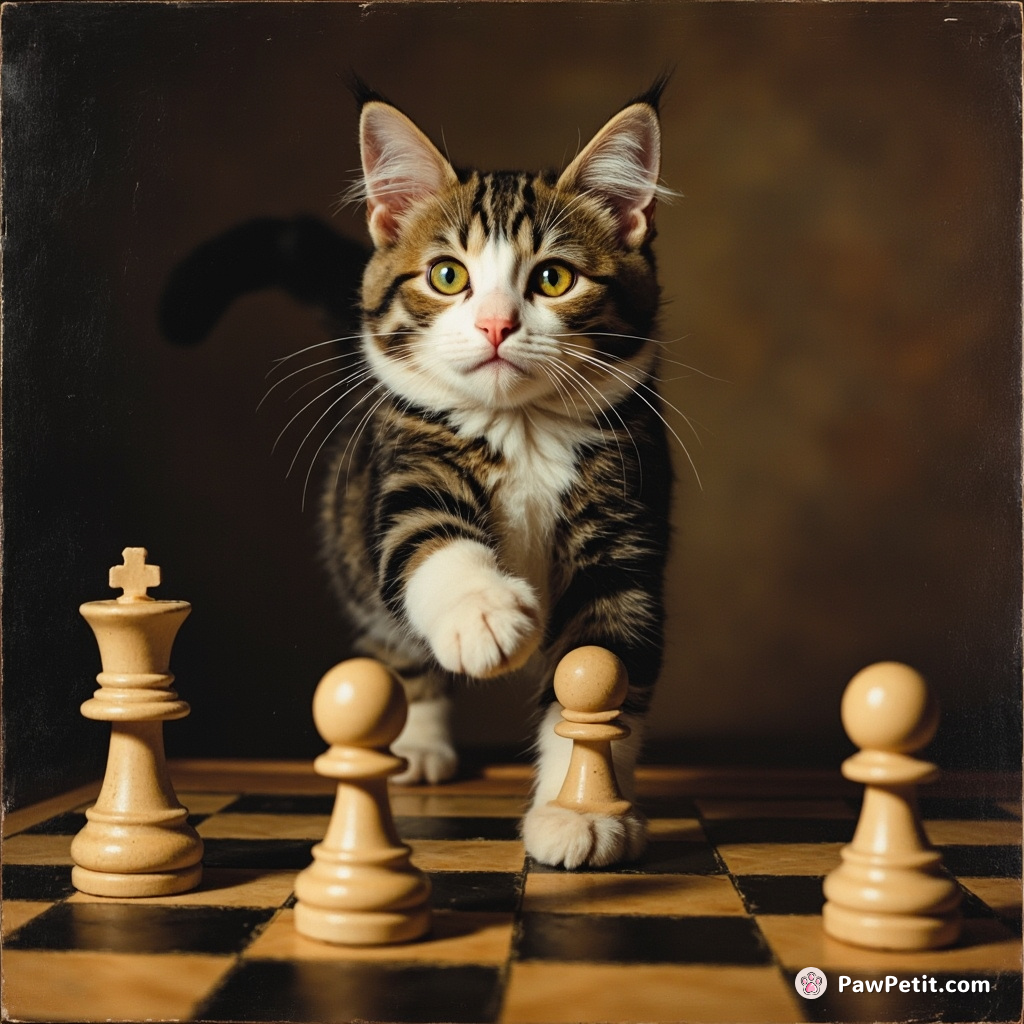 The cat, filled with bravado, struts confidently towards the chessboard, ready to outwit any human opponent.