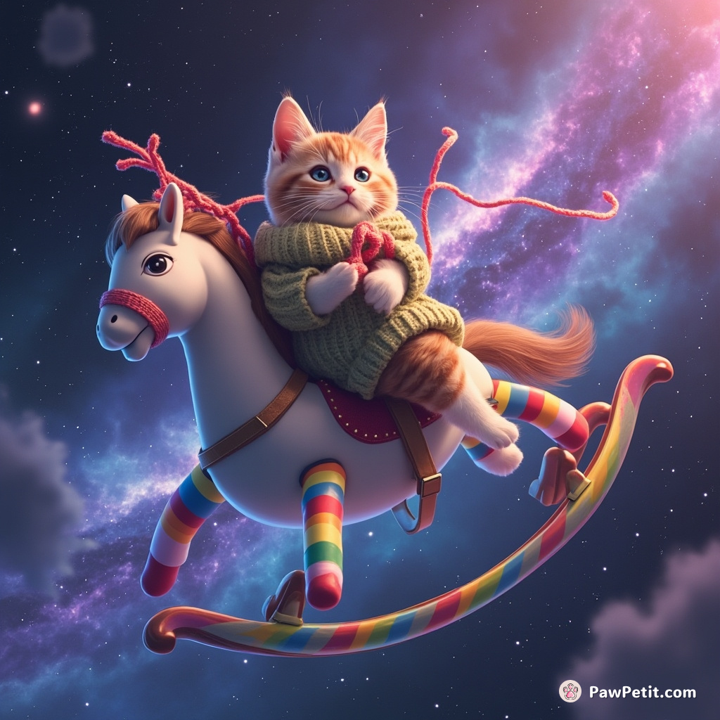 Cat skydiving while knitting a sweater on a rainbow-legged rocking horse, weightlessly drifting through a nebula.