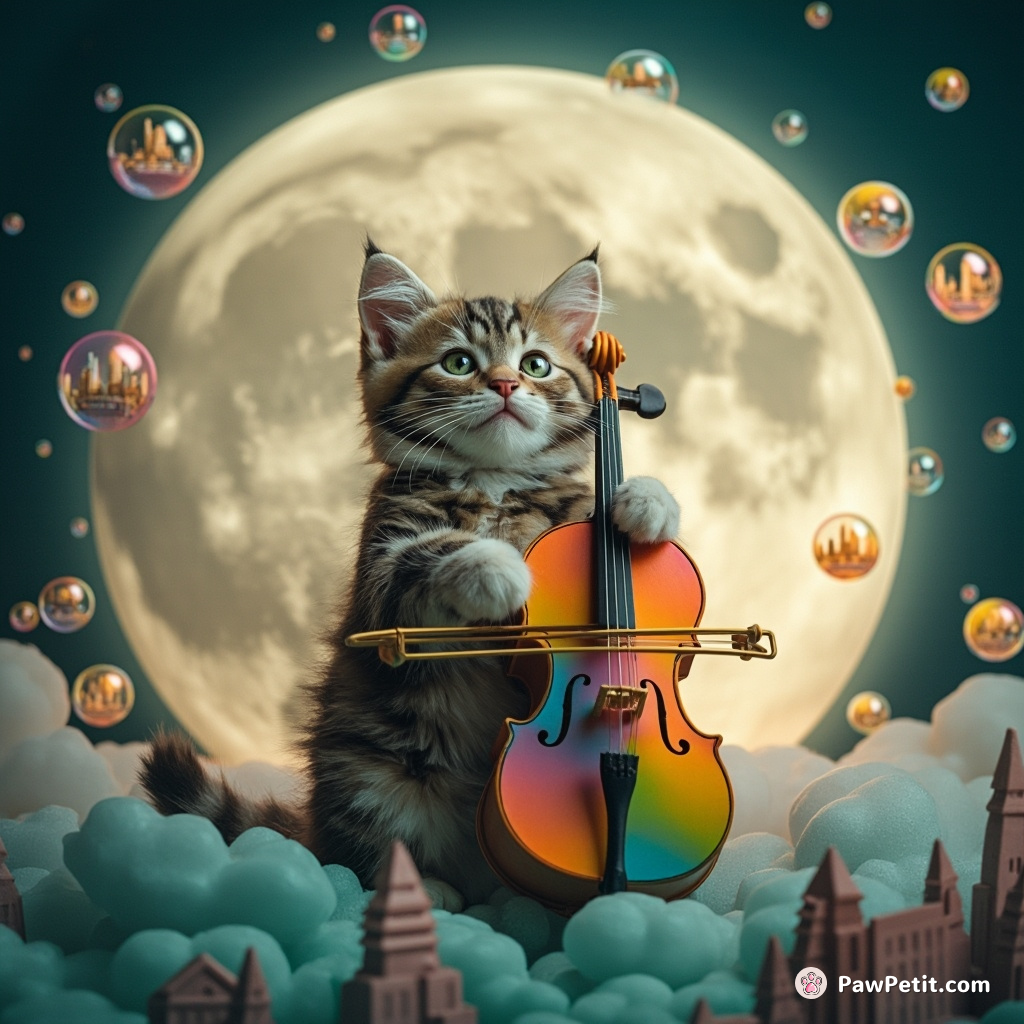 Cat playing a rainbow-colored cello on an alabaster moon, with bubbles containing whimsical miniature cities floating around it.