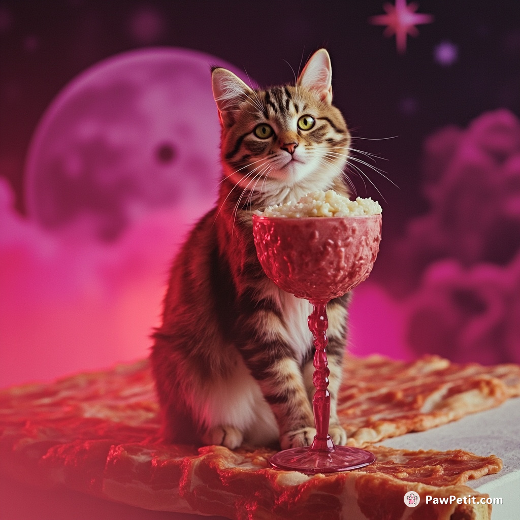 A cat sipping lukewarm space porridge from a ruby goblet, atop a karaoke stage made entirely of extra crispy bacon.
