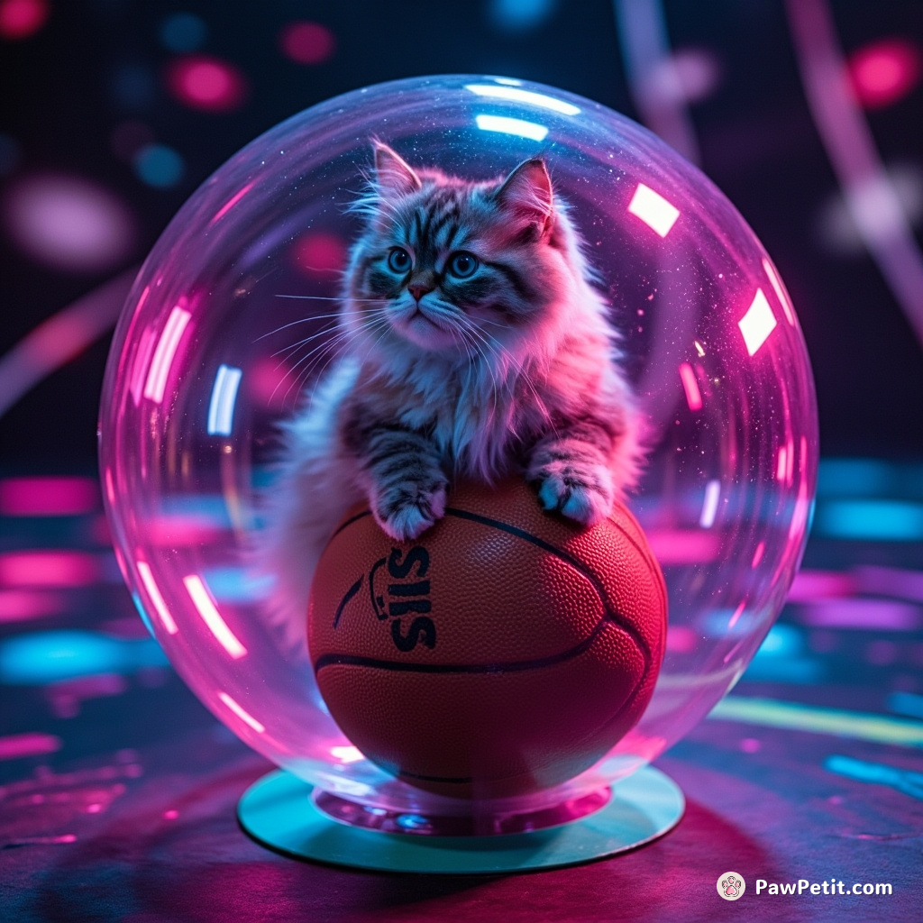 A neon cat print on a disco basketball spinning as an astronaut DJ inside a floating techno bubble.