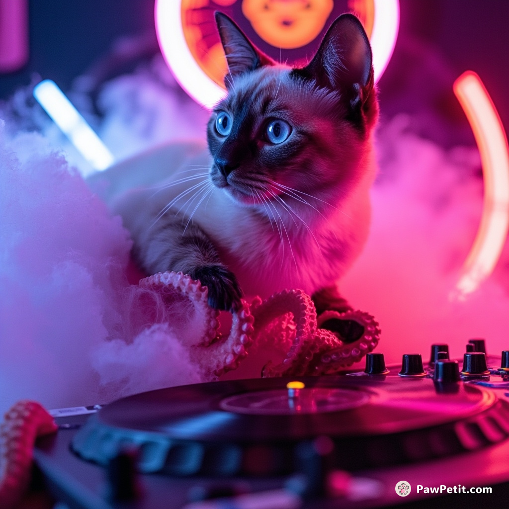 A neon-lit octopus DJ spinning vinyl records at a rave, commanded telepathically by an enigmatic Siamese cat perched on a bubblegum cloud.
