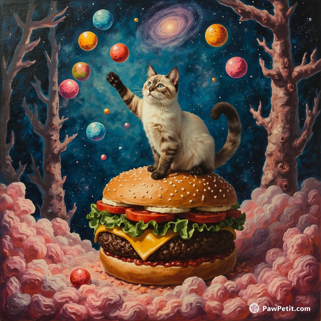 A Siamese cat juggling colorful galaxies while balancing on a giant cheeseburger in a bubblegum forest.