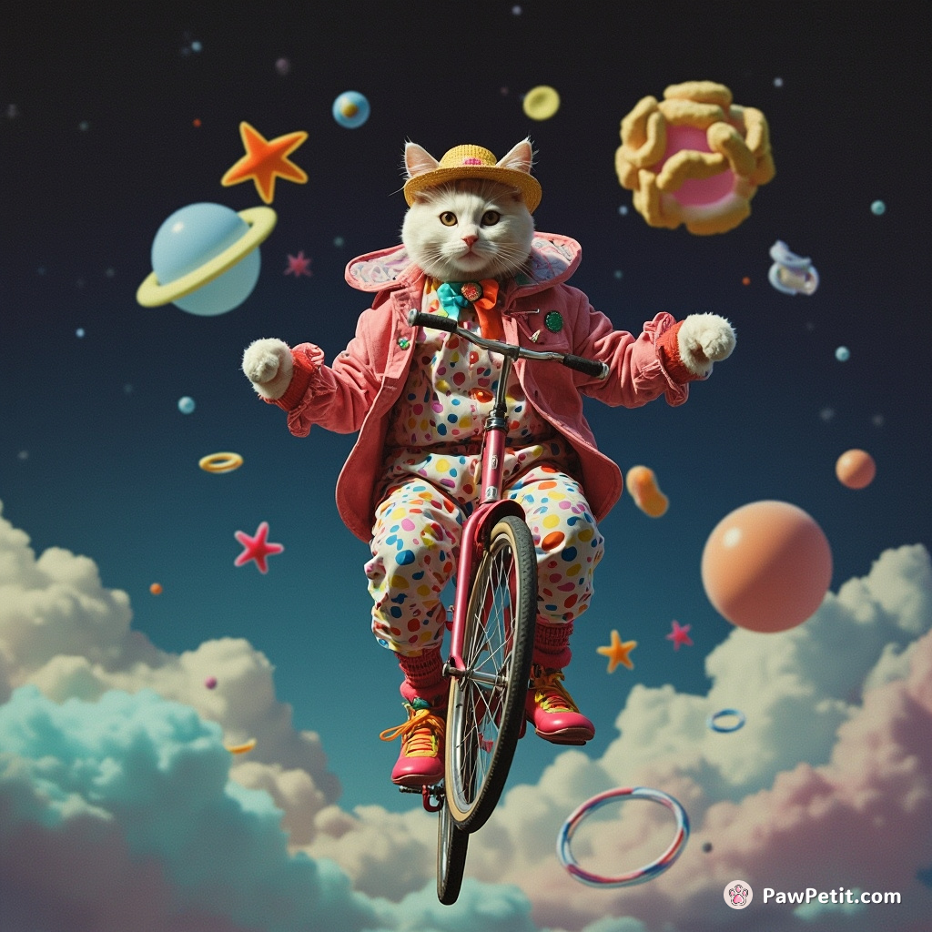 A cat nonchalantly riding a unicycle on the moon, juggling inter-dimensional shapes while wearing colourful circus attire.