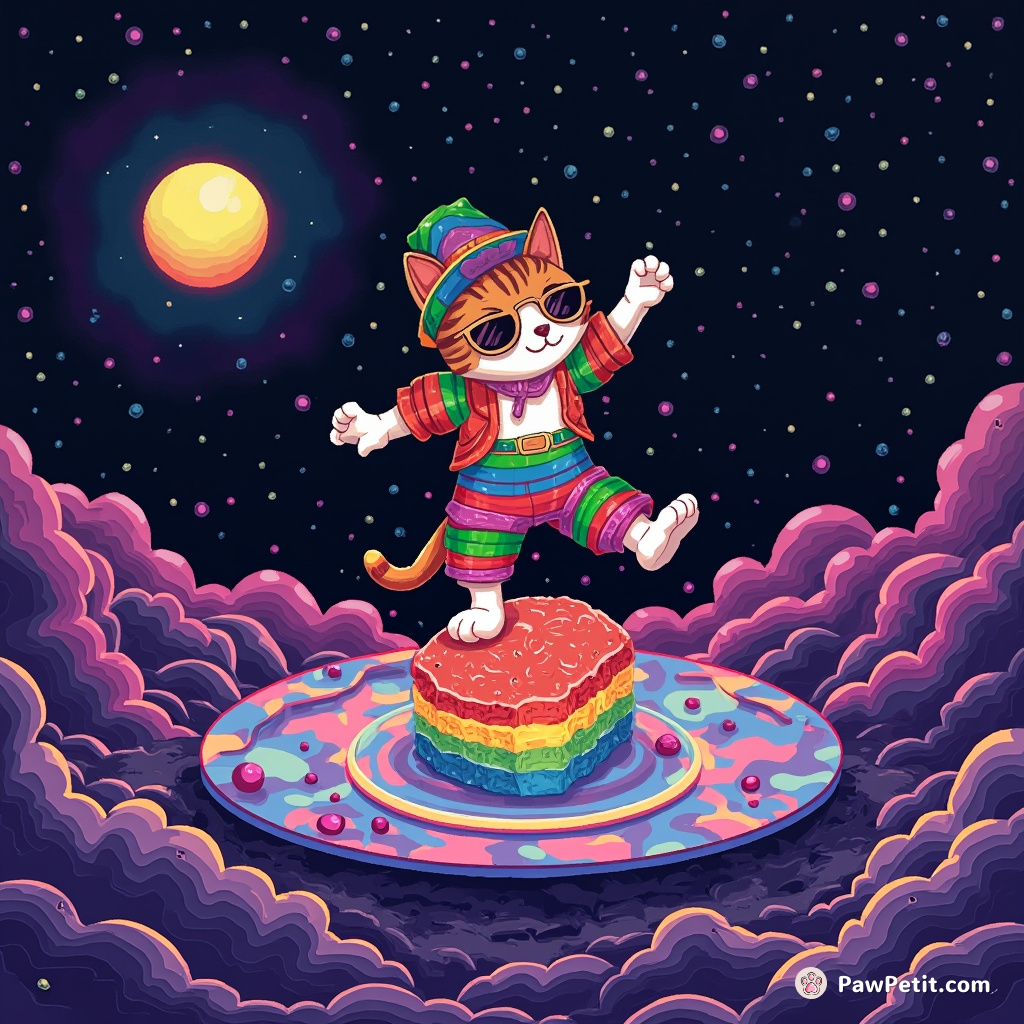 Hip hop dancing cat balancing atop a levitating rainbow sushi roll in a disco-themed moon crater.