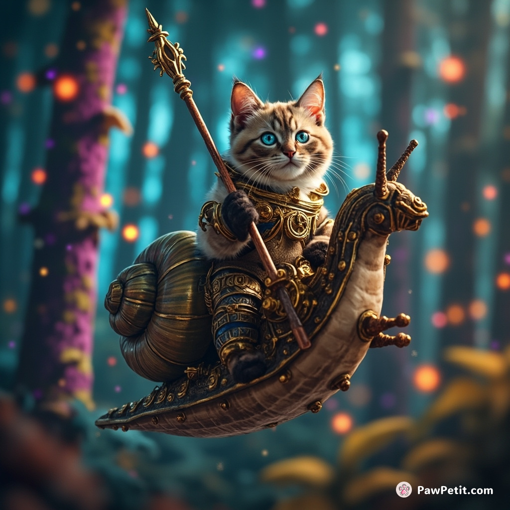A royal cat knight jousting on the back of a steampunk styled snail in an iridescent forest under starlight.