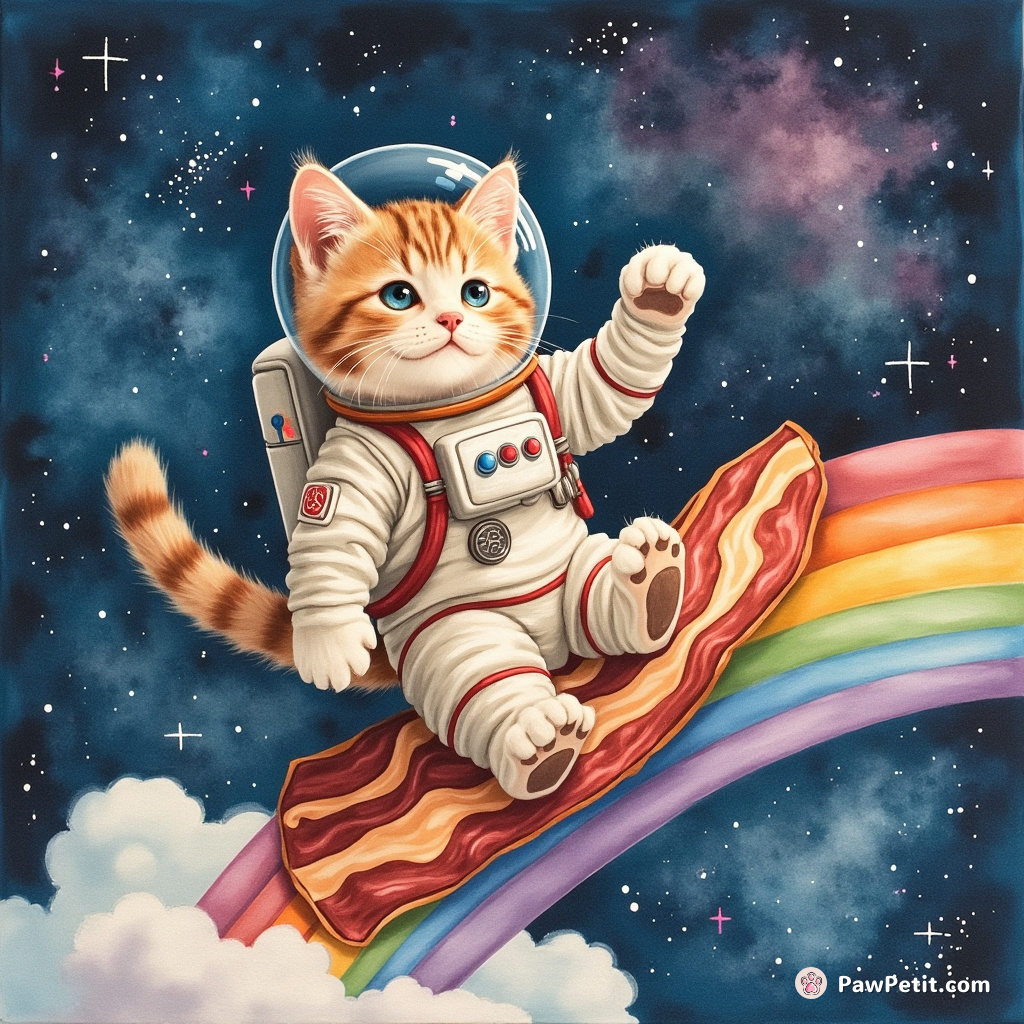 Cat astronaut surfing on a bacon rainbow across a galaxies-packed sky.