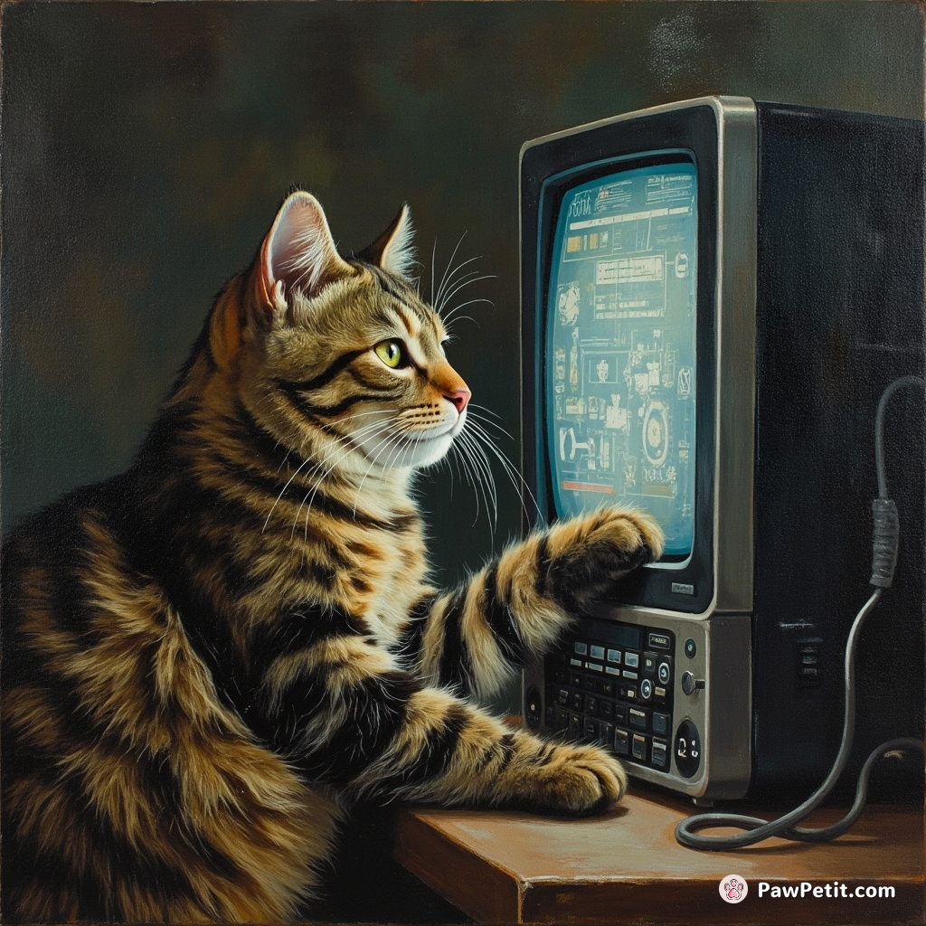 The cat meticulously plans to hack into a supercomputer to prove feline superiority.