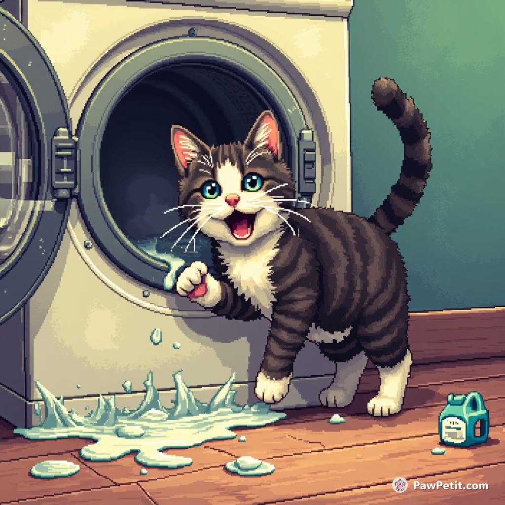 Frantically clawing at a washing machine door to escape, the cat spilled laundry detergent all over the floor.