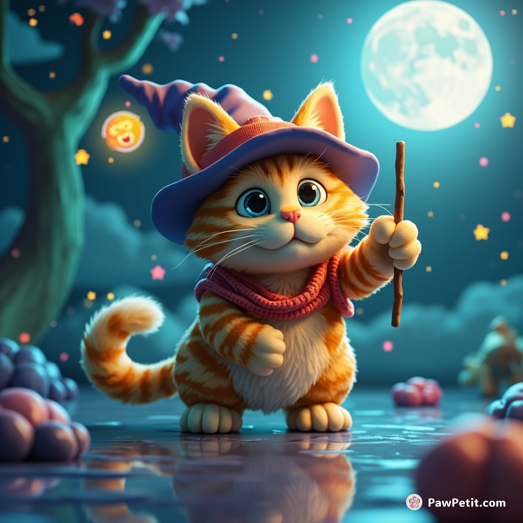 A cat, wielding a wand, commands the moon to dance, casting spells with a flick of its tail.