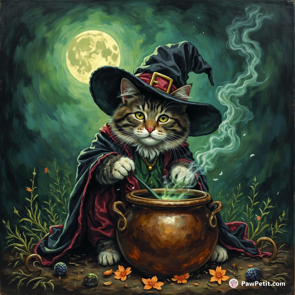 Cat gently stirring a witch's cauldron, casting spells under an emerald moon.