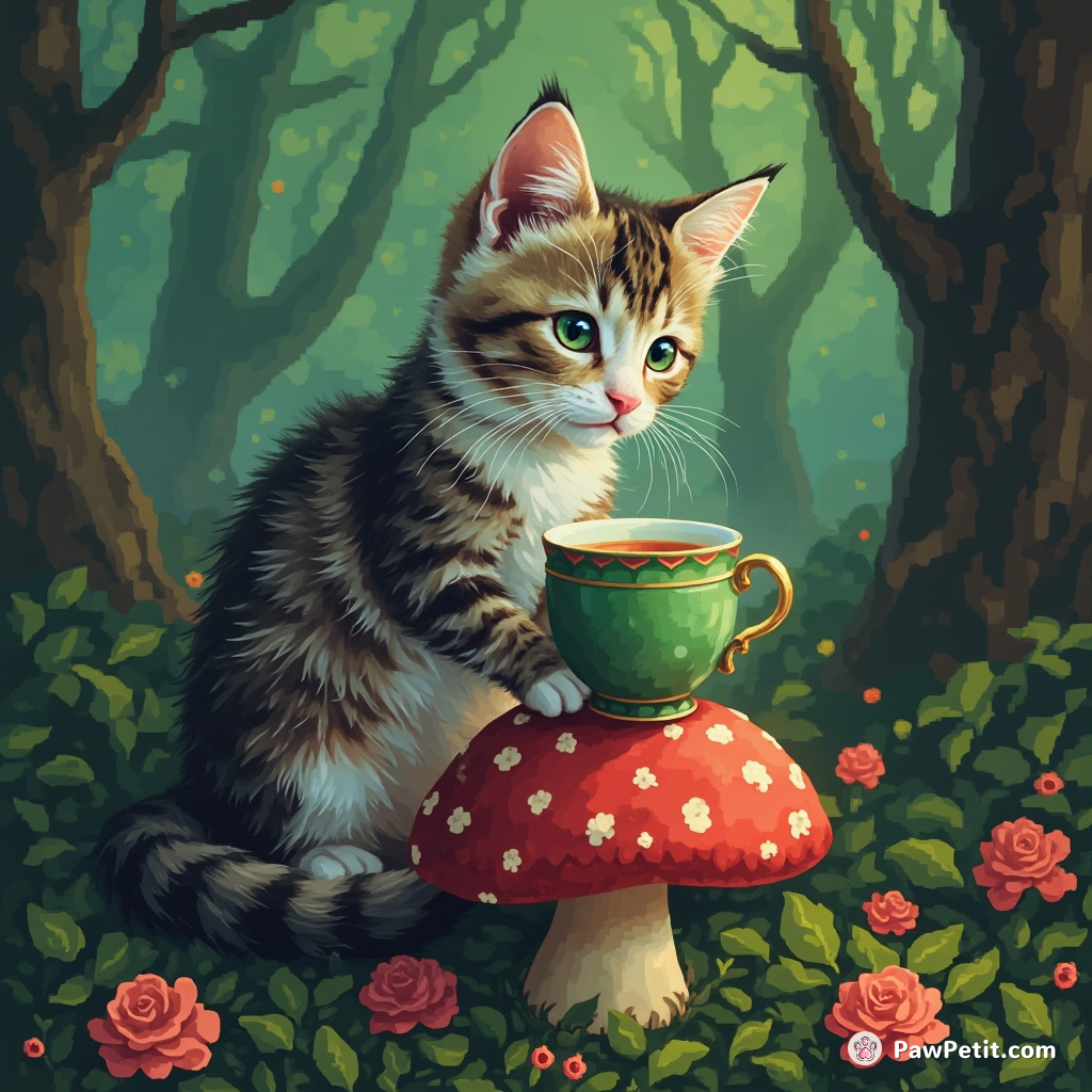 A Victorian cat gracefully sipping emerald-green tea from a porcelain cup atop a crimson mushroom in an enchanted forest.