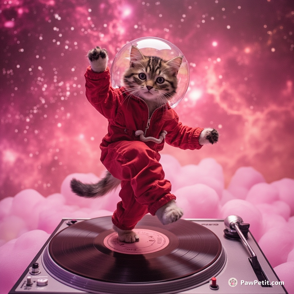 A cat breakdancing on a spinning vinyl record in a red astronaut suit amidst a pink nebula.