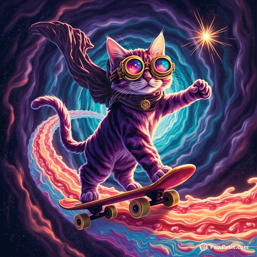 A psychedelic galaxy cat, skateboarding on an iridescent bacon strip, against a space-time vortex backdrop, wearing cool steampunk goggles.
