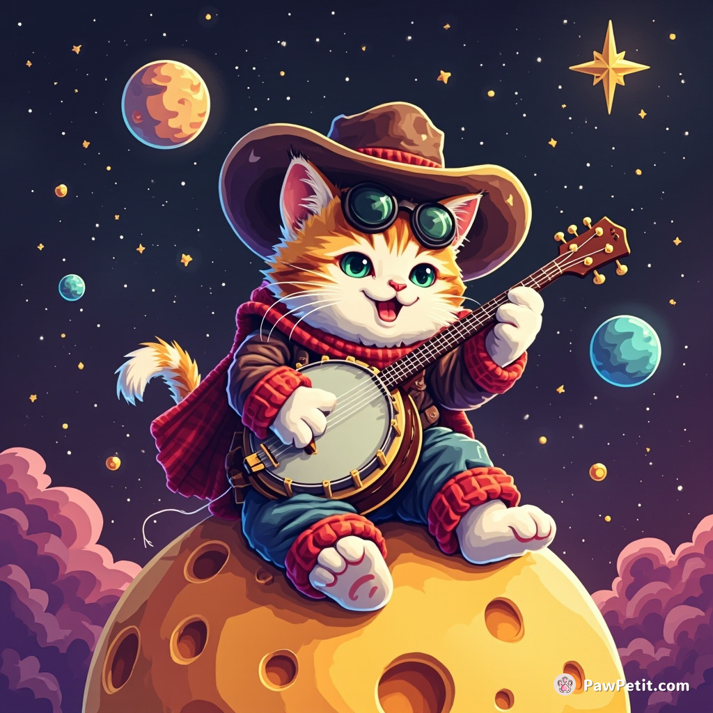 A space cowboy cat playing a cosmic banjo on a cheese moon.