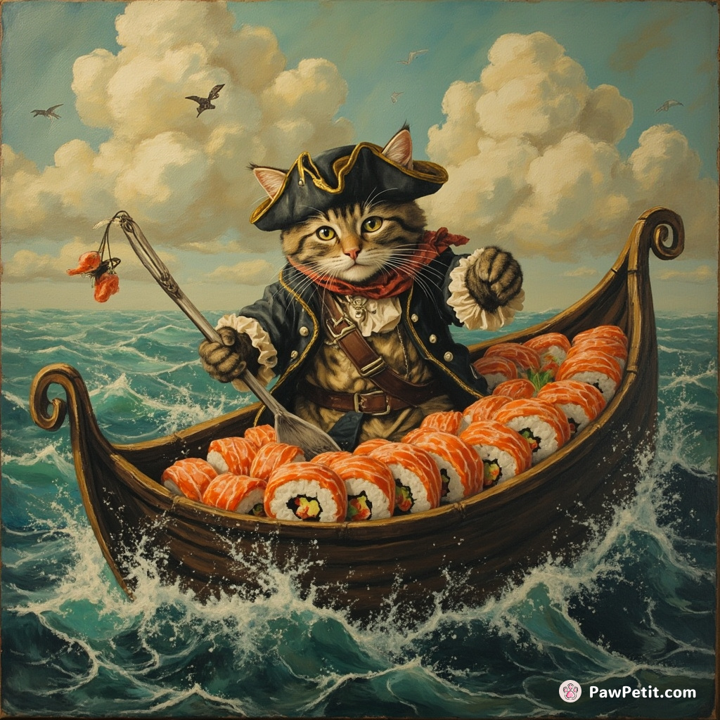 Swashbuckling pirate cat commandeering a sushi boat platter in an ancient sea composed entirely of fine teas.