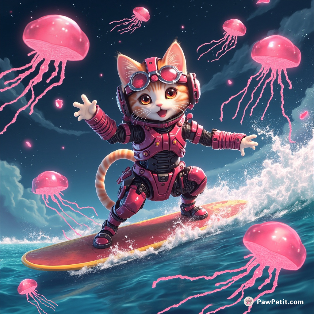 Cyborg cat surfing on a sea of soda while juggling neon jellyfish.