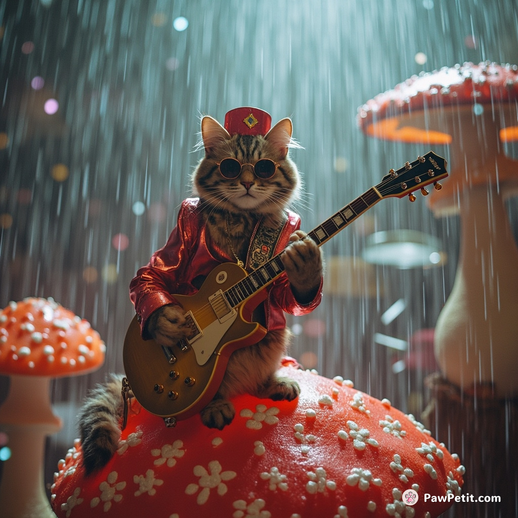 A glam rock cat belting out power ballads on a mushroom stage under a serene jellybean rain.