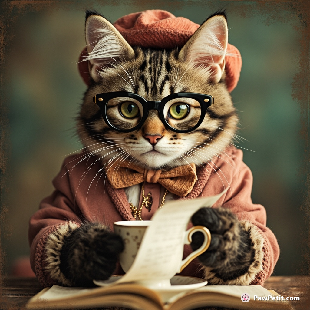 Kitty Couture", a fashion-loving feline convincingly attempting donning spectacles, "reading" paper while sipping from a tiny teacup.
