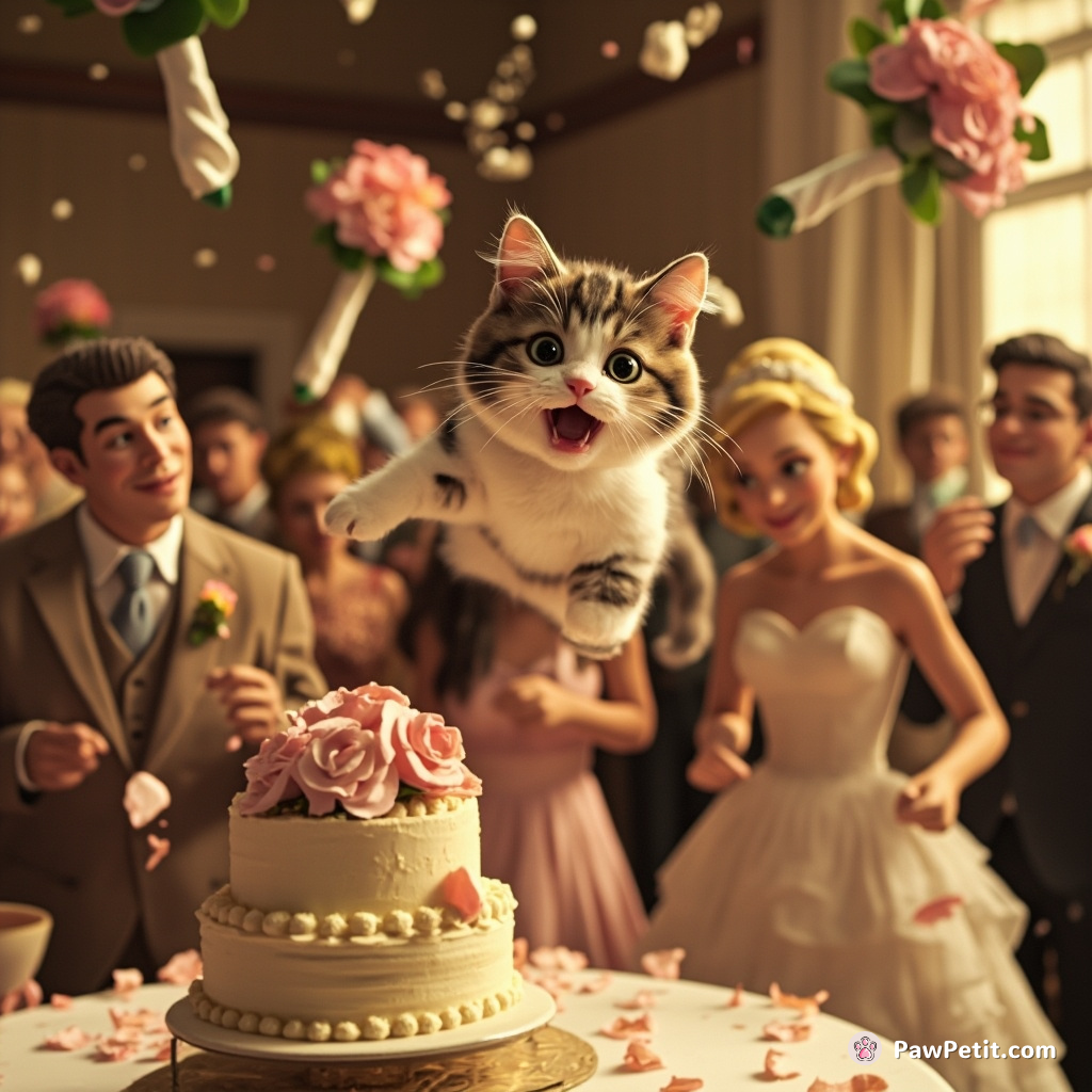 Cat leaps onto wedding cake as bride's bouquet flies, sending guests into chaos.