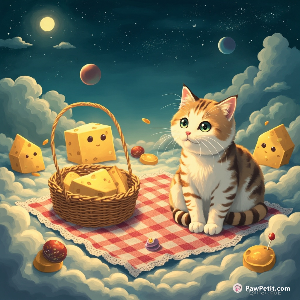 A cat having a picnic on the moon with sentient cheese people.