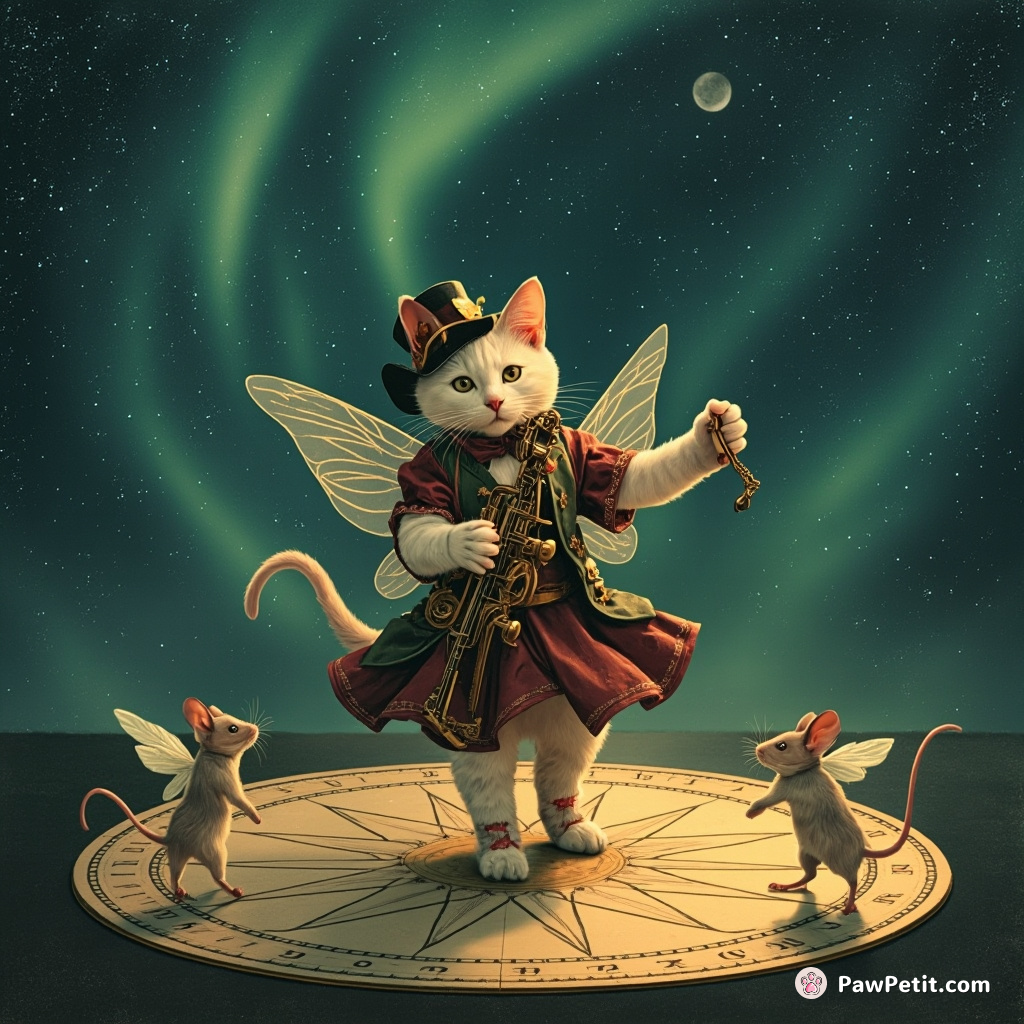 Steampunk cat contra dancing with fairy mice on a sundial under the Northern Lights