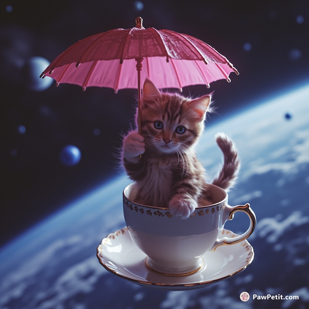 A petite cat twirling a parasol while cozily seated on a floating teacup in space.
