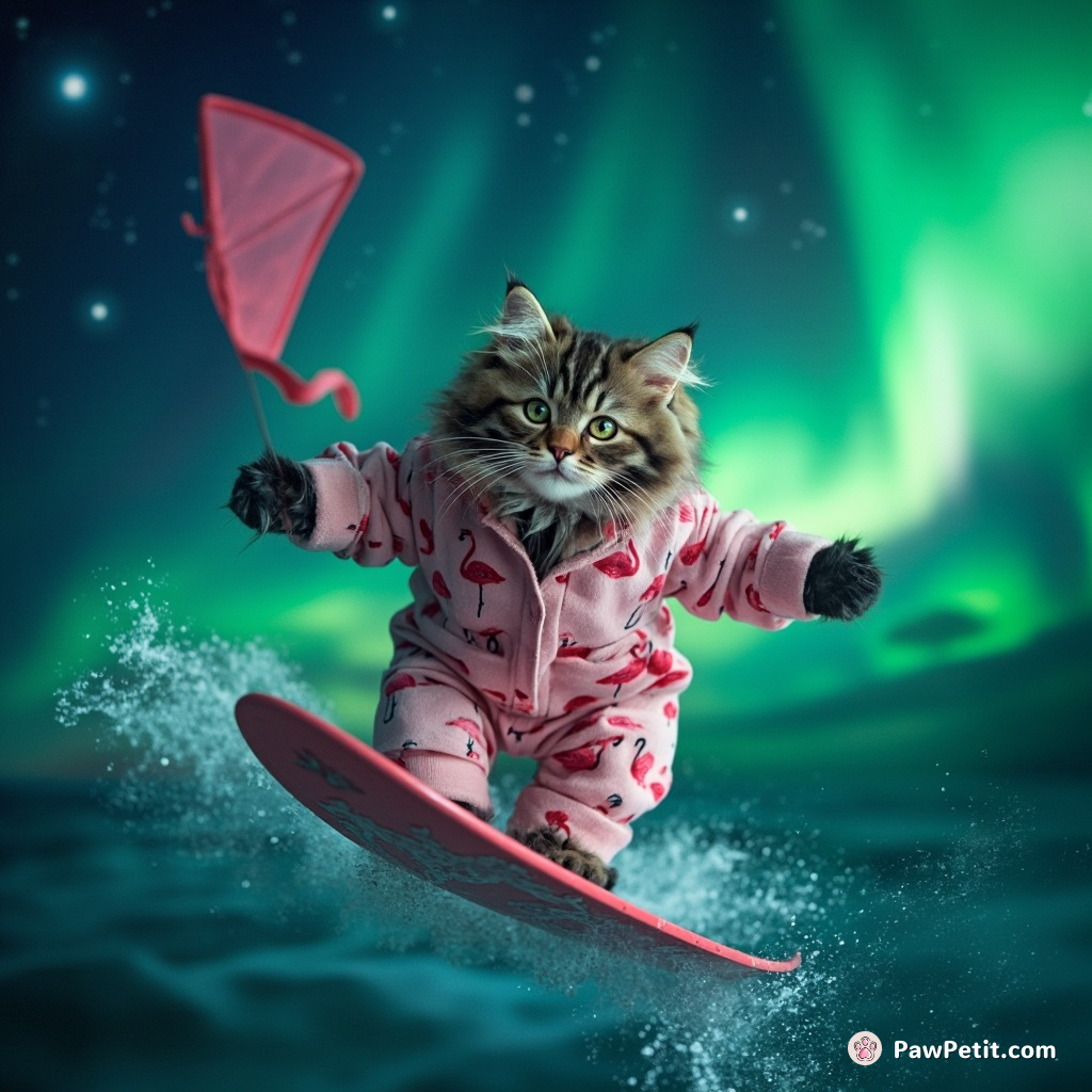 Cat wearing flamingo-patterned pajamas, kitesurfing on a moonbeam against the backdrop of the Northern Lights.